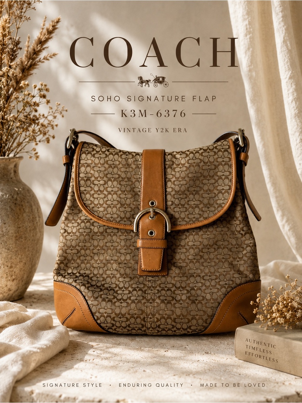 Vintage Coach Soho Signature Flap Shoulder Bag 6376 Khaki Jacquard Y2K leather